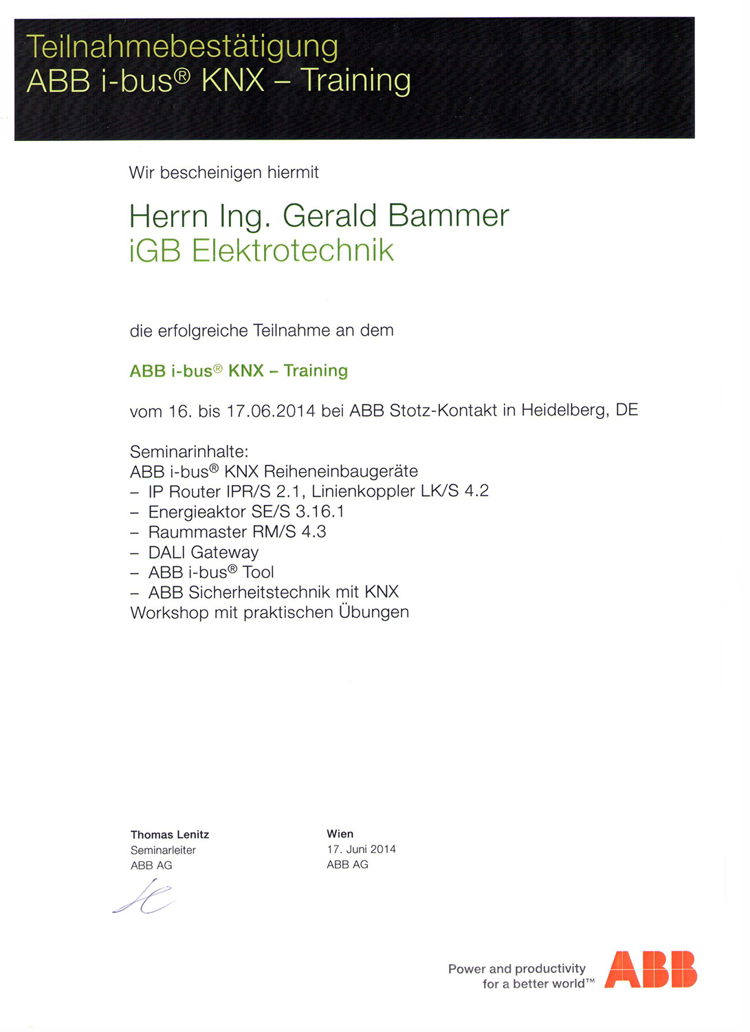 iGB Elektrotechnik-Zertifikat-KNX